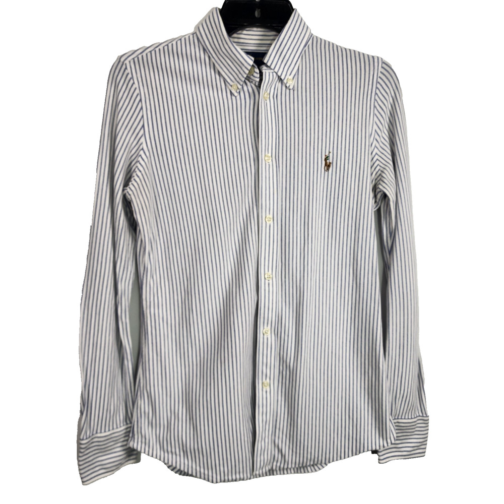 Polo Ralph Lauren Women Knit Oxford Shirt Button Blue White Stripe Pony Size M 6